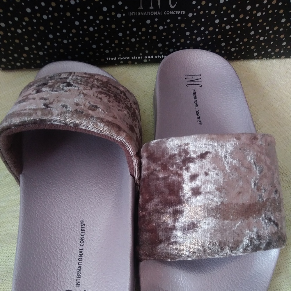 I.N.C. Metallic Velour Slide Slippers in Lavender